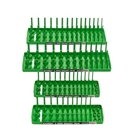 HANSEN Metric and Fractional 3 Row Socket Tray Set for 1/4" and 3/8" Drive Sockets, Green, 4 Pieces 92004